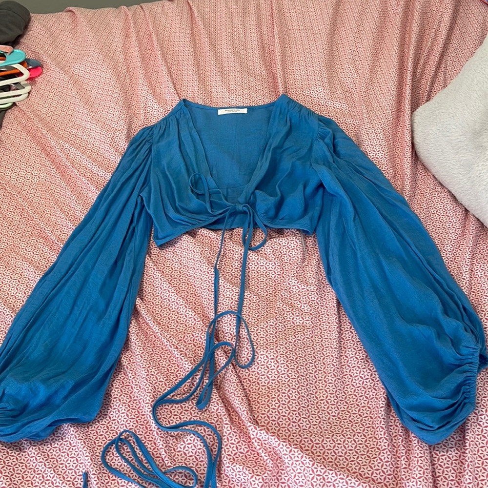 Peppermayo blue tie long sleeve crop shirt size US 2